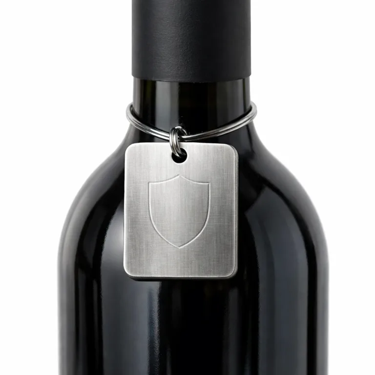 A brushed stainless steel effect wine neck tag made from zinc alloy, featuring rounded corners and a blank emblem created with subtle laser engraving, secured to the bottle with a sleek split ring.
