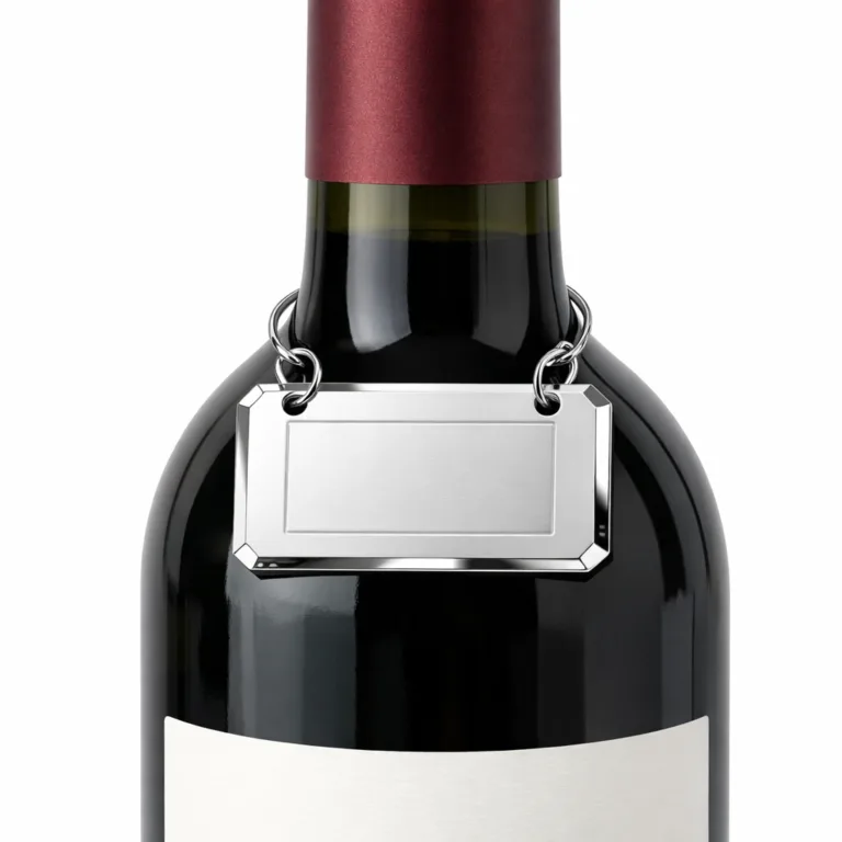 A zinc alloy wine neck tag finished in mirror polished nickel with beveled edges. Rectangular form with a shallowly etched blank logo space in the center, hanging from a fine split ring.