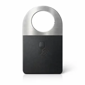 A single brushed stainless steel wine tag featuring a matte finish, rounded corners, and a subtle laser engraved emblem. Designed for wine bottle identification, shown against a white studio backdrop.