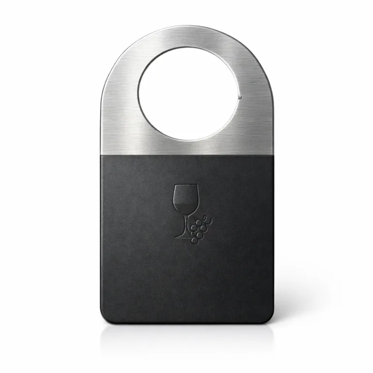 A single brushed stainless steel wine tag featuring a matte finish, rounded corners, and a subtle laser engraved emblem. Designed for wine bottle identification, shown against a white studio backdrop.