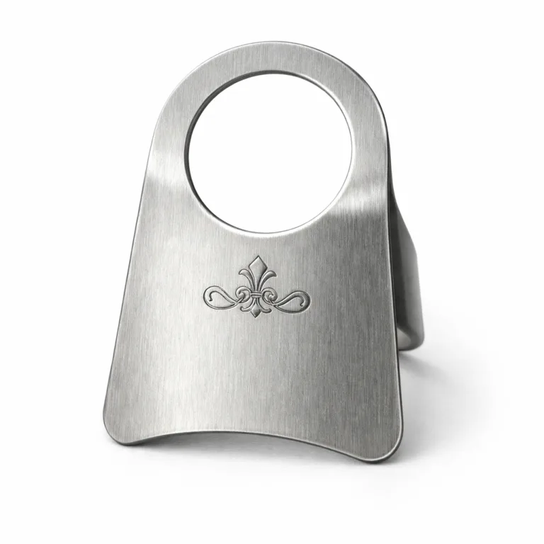 A premium brushed stainless steel wine tag for champagne or wine bottles, featuring rounded corners and a subtle laser-engraved blank emblem on the front. The tag is designed for durability and a sleek modern look, presented in a clean studio setting for e-commerce.