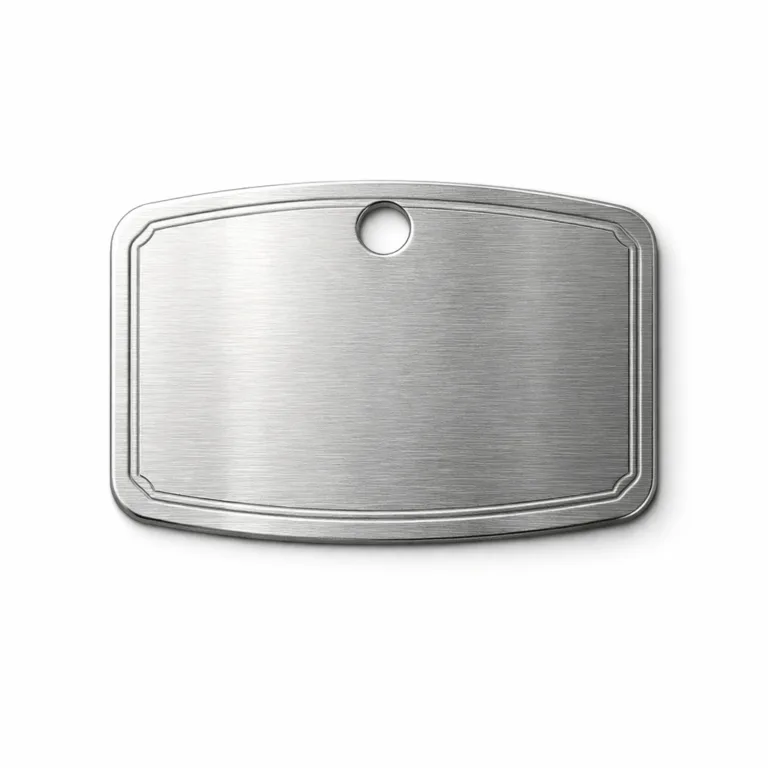 Realistic product photo of a brushed stainless steel wine tag with rounded corners, an etched blank emblem for custom branding, and a single hole for hanging. Ideal for premium wine bottle presentation.