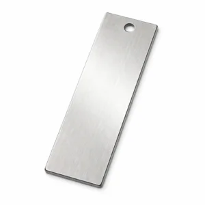 Bookmark Tags 9 A brushed stainless zinc alloy bookmark tag with a flat rectangular shape, beveled edge, and a single hole at the top, photographed in high detail for product presentation.