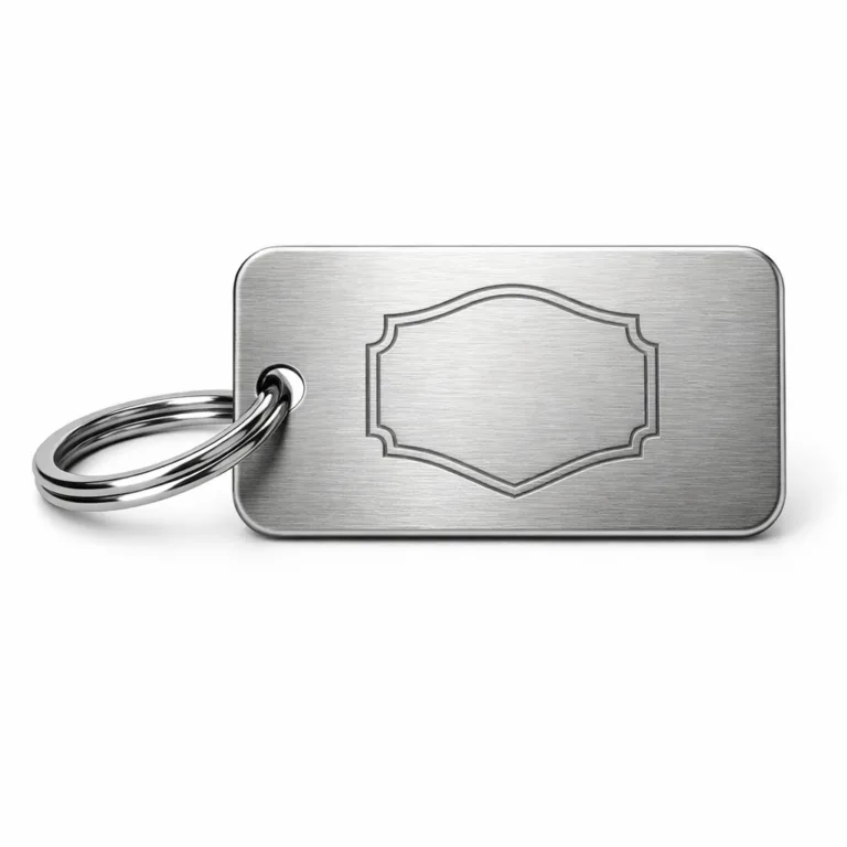 Rectangular keychain tag featuring a brushed stainless steel appearance, single hole with split ring, and laser engraved blank emblem. Ideal for customizable branding.
