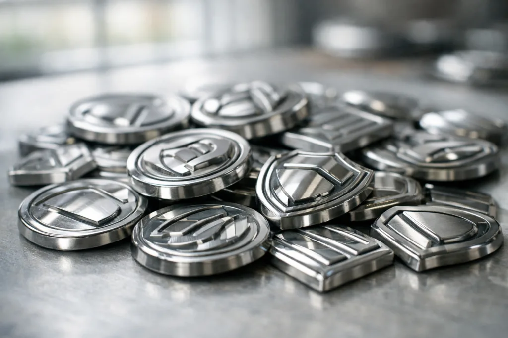 7 Advantages Zinc Alloy Tags Bring to Custom 3D Logo Designs 33 Photo shows multiple zinc alloy 3D logo tags highlighting their crisp surfaces and dimensional details, evoking reliability and manufacturing precision.