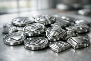 Photo shows multiple zinc alloy 3D logo tags highlighting their crisp surfaces and dimensional details, evoking reliability and manufacturing precision.