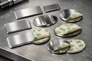 A detailed image captures several metal logo tags made from aluminum and stainless steel, showcasing their adhesive backing options in an industrial setting.