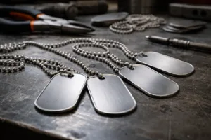 Detailed view highlighting various ball chain types attached to metal dog tags, showing the practical manufacturing environment and setup.