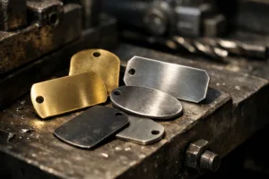 A cinematic, well-lit shot highlighting brass tags and steel tags side-by-side, showcasing material differences in color, finish, and laser engraving in a production context.
