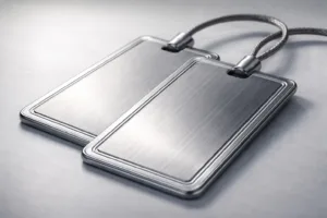 A professional close-up view shows brushed metal luggage tags’ fine linear texture, demonstrating how the satin finish conceals scratches and fingerprints.