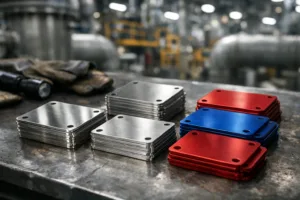 Metal tags including stainless steel and anodized aluminum are shown under overhead lighting, demonstrating their chemical resistance for industrial environments.