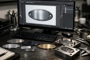 A modern industrial designer's workspace with a computer displaying vector art for metal mold manufacturing, showcasing the precision required in metal tag production.