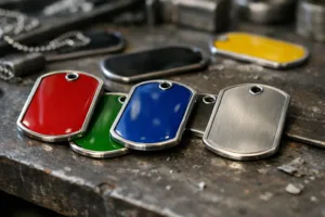 A cinematic image capturing the vibrant colors of enamel on multiple metal dog tags, demonstrating their durability and finish quality.