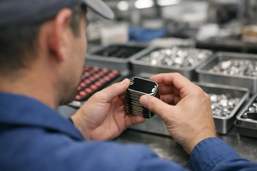 Will Your Dog Tag’s Color Last? The Truth About Enamel Durability on Metal Dog Tags 3 engineer inspecting enamel dog tags