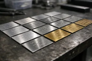 A cinematic shot showing many metal tags of various alloys and finishes, each displaying different engraved fonts and sizes, highlighting the challenge of selecting minimum legible sizes for industrial applications.