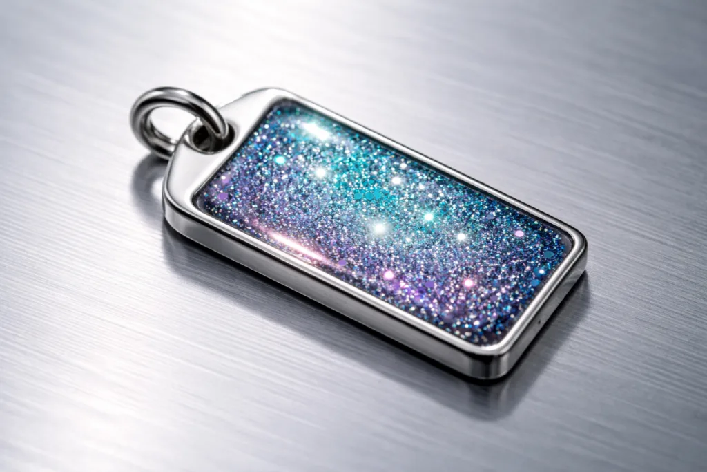 9 Ways Glitter Enamel Instantly Energizes Your Merchandise and Collectible Tags 1 glitter enamel merchandise tag closeup