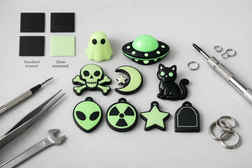 8 Surprising Advantages of Glow in the Dark Special Enamels for Safer & More Exciting Night Events 3 glow enamel items comparison swatch