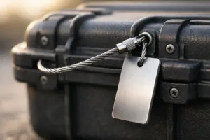 A cinematic photograph of a rugged suitcase featuring a prominent metal tag attached with a robust wire cable, demonstrating enhanced security and durability—ideal for travel and industrial use.