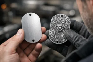 A detailed view of a metal tag being inspected for backside design quality, showing precision reverse patterns and engraved information in an industrial setting.