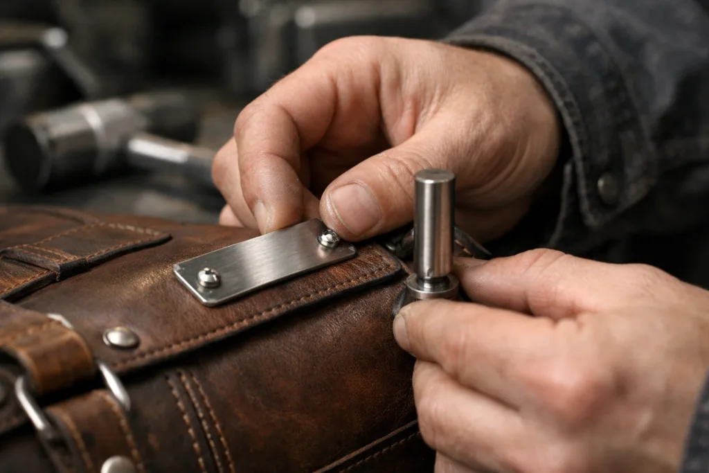 How to Professionally Secure Metal Nameplates to Leather Bags with the Right Rivets 3 installing metal nameplate rivets leather equipment bag