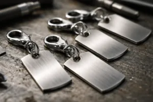 A detailed view of lobster clasps securely fastened to stainless steel metal tags, highlighting the spring-loaded gate and attachment points in a manufacturing context.