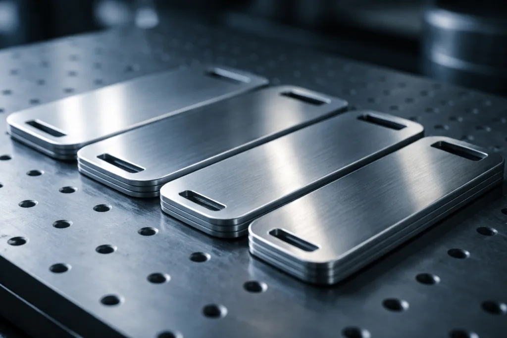 How to Find the Perfect Luggage Tag Thickness: Durability, Material Choices & the Ultimate Bend Test 5 Photo-realistic side-by-side comparison of metal luggage tags of different thicknesses on a production table, showcasing durability and edge quality.