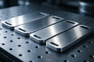 Photo-realistic side-by-side comparison of metal luggage tags of different thicknesses on a production table, showcasing durability and edge quality.