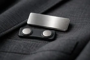 Brushed-metal magnetic name tags with silicone-backed attachments resting securely and gently on a cotton suit, showcasing a fabric-safe, premium appearance.