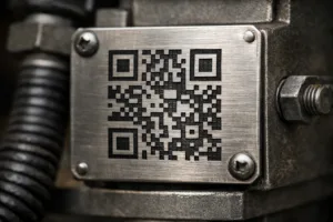 A macro view of a laser-engraved QR code on stainless steel, placed in an industrial environment with low-glare lighting, highlighting durable construction and clear scannability.