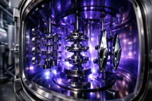 A professional metal finishing facility with a PVD vacuum chamber depositing an iridescent coating on metal parts, demonstrating the technical process behind rainbow metal finishes.