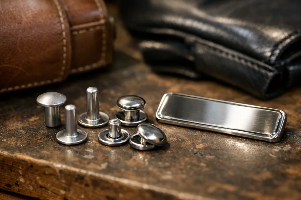 How to Professionally Secure Metal Nameplates to Leather Bags with the Right Rivets 29 Solid and snap rivets displayed next to leather bag samples and a metal nameplate, perfect for showing attachment methods in a craftsman workshop.