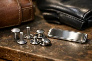 Solid and snap rivets displayed next to leather bag samples and a metal nameplate, perfect for showing attachment methods in a craftsman workshop.