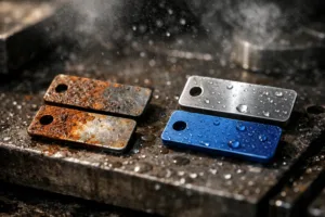 A realistic photo showing tags being inspected for rust and corrosion in a workshop, highlighting durable finishes in a humid industrial environment.