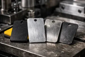 Macro photograph showing different tag materials side-by-side for evaluating scratch resistance, highlighting material differences for B2B buyers.