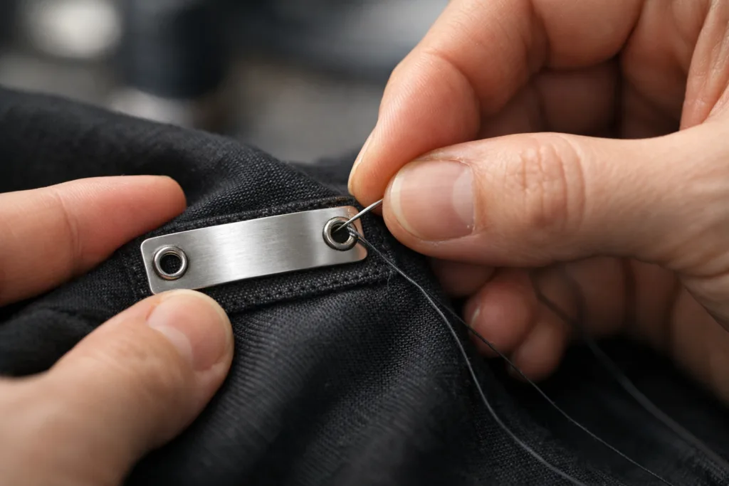 The Practical Guide to Durable Metal Garment Labels: Sew-On Holes, Materials & Manufacturing Secrets 3 sewing metal garment labels reinforced holes
