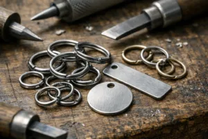 A close-up view of split rings and jump rings beside various metal tags on a professional craftsman's workbench, highlighting the differences in their structure and finish.