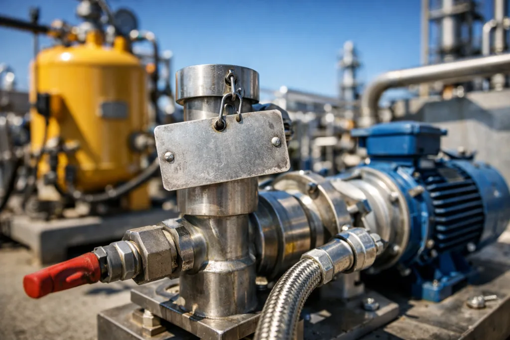 UV Resistance Masterclass: Stop Color Fading on Outdoor Metal Equipment Tags 9 Scene shows metal tags mounted on outdoor machinery under strong sunlight, highlighting UV-resistant finishes and vibrant colors.