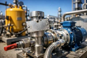 Scene shows metal tags mounted on outdoor machinery under strong sunlight, highlighting UV-resistant finishes and vibrant colors.