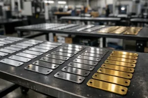 Rows of metal waterproof tags being inspected under bright lighting in a manufacturing environment.