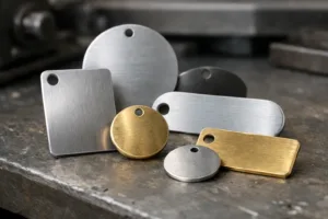 A detailed photo of custom metal tags made from aluminum, stainless steel, and brass in a range of sizes and colors, staged on a production table to highlight differences for cost analysis.