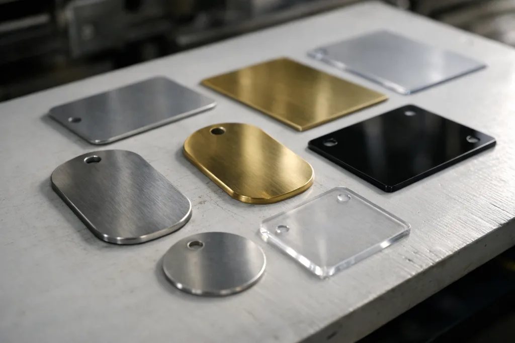 Choosing the Right Engraving Materials: The Ultimate Guide to Blank Tags for Retail and Industry 17 A professionally staged scene showing a selection of blank tags made from aluminum, stainless steel, brass, and acrylic, highlighting their surface quality and readiness for customization with in-store engraving machines.
