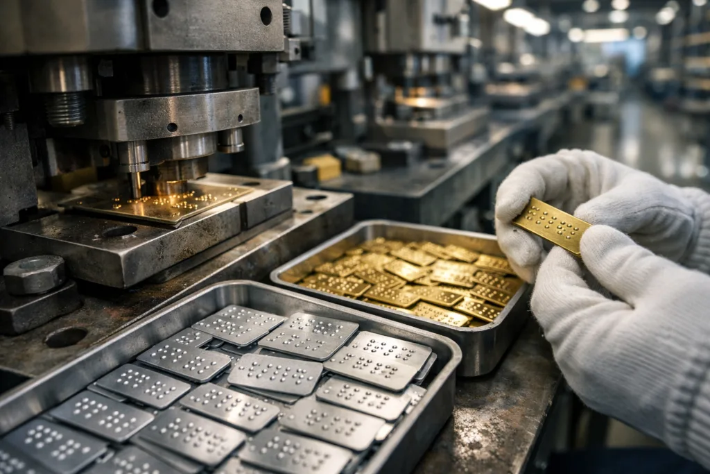 The Ultimate Guide to Braille, Tactile Accessibility, and Metal Tags for ADA Signage 2 braille metal tags production line