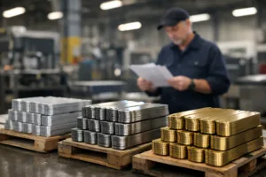 High-detail visualization of stacked metal tags—aluminum, stainless steel, and brass—ready for bulk order processing, illustrating the industrial context where bulk discounts and quantity thresholds matter.