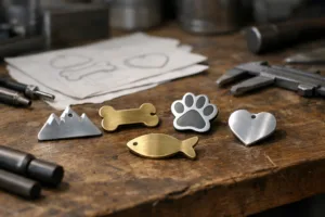 A collection of photo-realistic custom die-cut aluminum and brass tags, including complex and non-rectangular shapes, displayed with design sketches and tools in a branding studio.