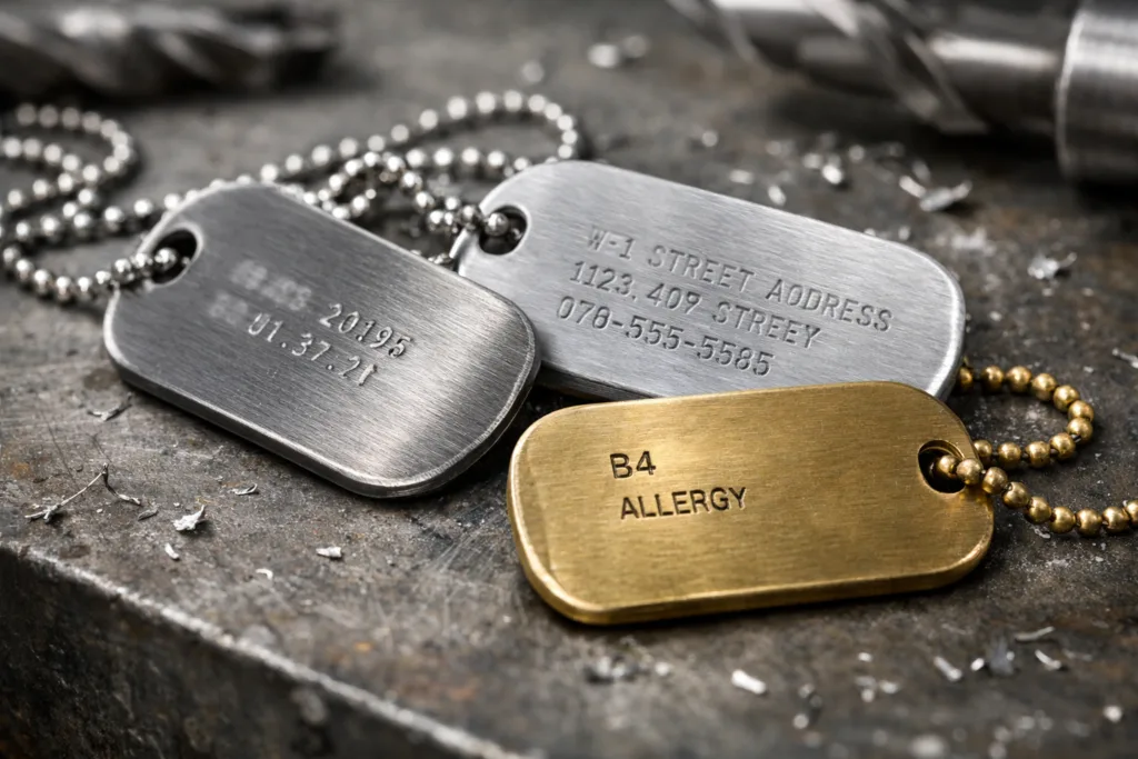 Custom Dog Tags Decoded: Why Every Dog Needs Personalized ID & How to Order Right 5 Photo-realistic display of three styles of custom dog tags on an industrial workbench, showing engraving quality and material differences.