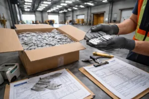 Photo-realistic industrial scene depicting a delivery of custom metal tags at a customs dock, with visible customs paperwork, highlighting the importance of tracking hidden costs, duties, taxes, and setup fees.