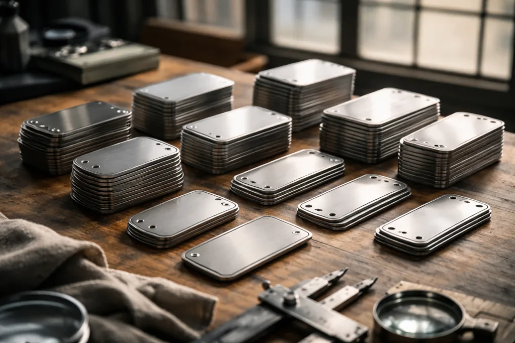 Why Custom Metal Tags Require Minimum Order Quantities: Practical Guide for Buyers and Engineers 33 Photo-realistic image of a metal tag manufacturing area with batches of custom tags arranged for quality check, highlighting the importance of MOQ for efficiency.