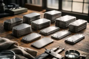 Photo-realistic image of a metal tag manufacturing area with batches of custom tags arranged for quality check, highlighting the importance of MOQ for efficiency.