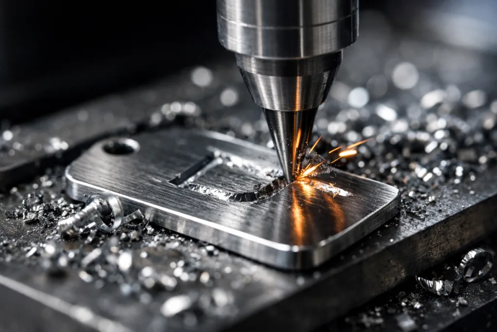 Your Fillable Text Paint Infill Deep Engraving Guide: DIY Custom Tags Made Easy 9 A CNC engraving machine creates deep, fillable text on a metal tag, perfect for paint infill applications. Industrial environment and focus on precision.