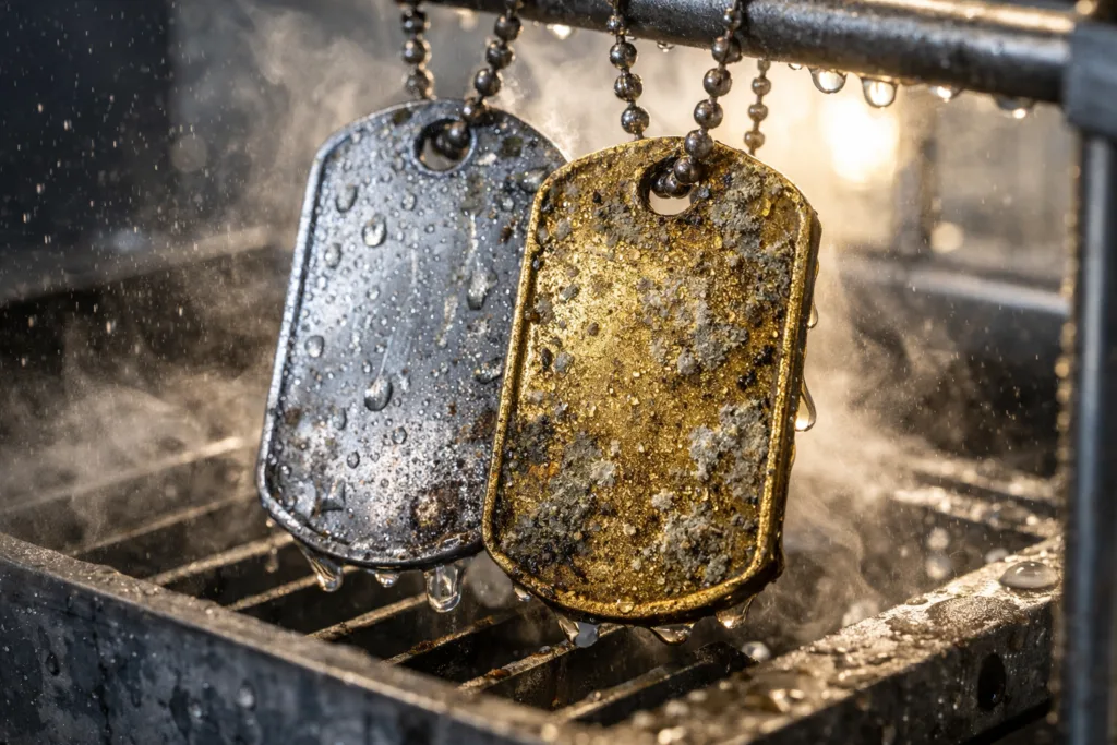 Military vs. Pet Dog Tag Sizes: Specs, Materials, and Buyer Guide for Industrial Applications 3 dog tag durability testing lab